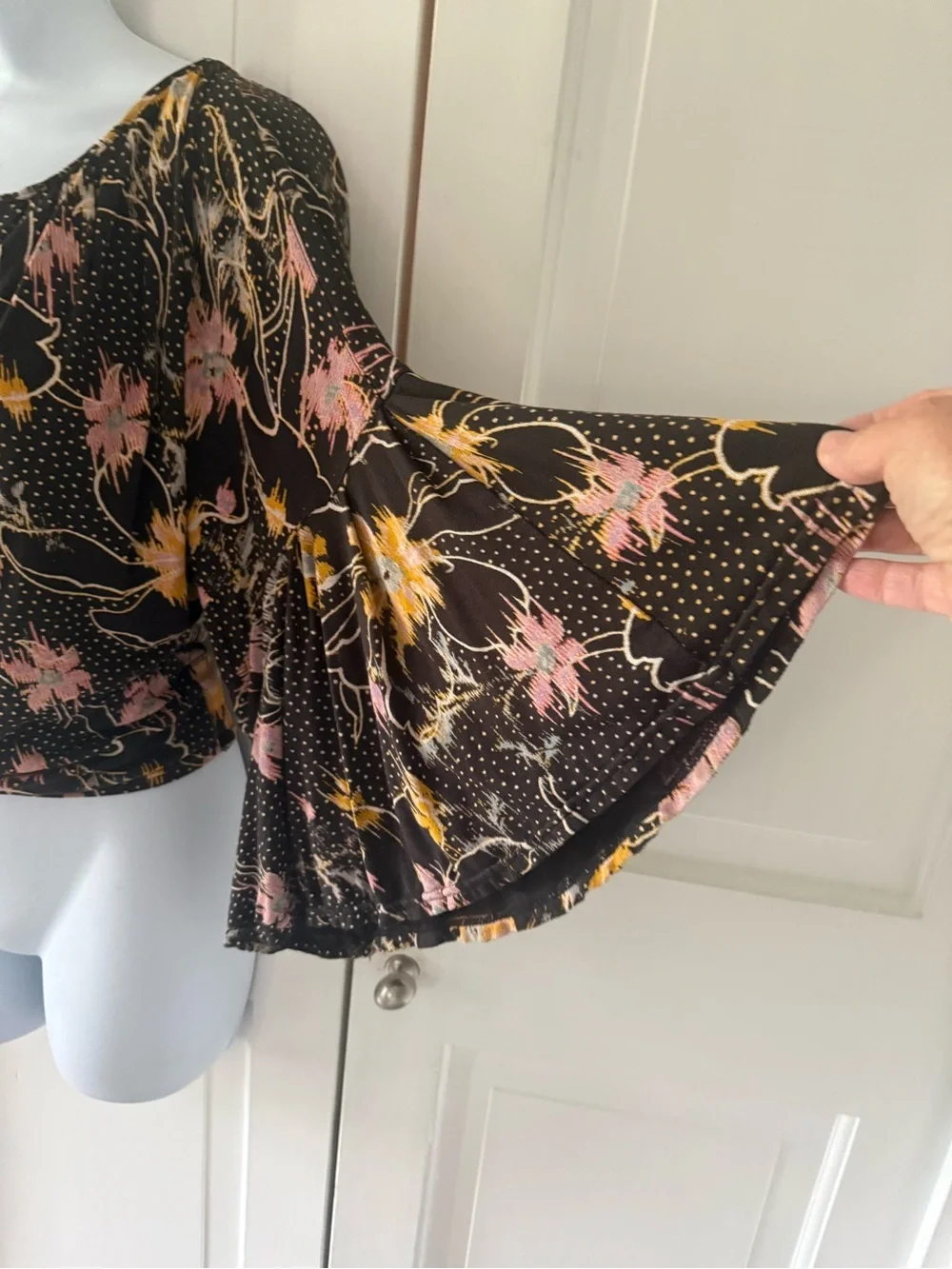 Free People Black Floral Keyhole Bell Sleeve Top with Pink & Yellow Accents